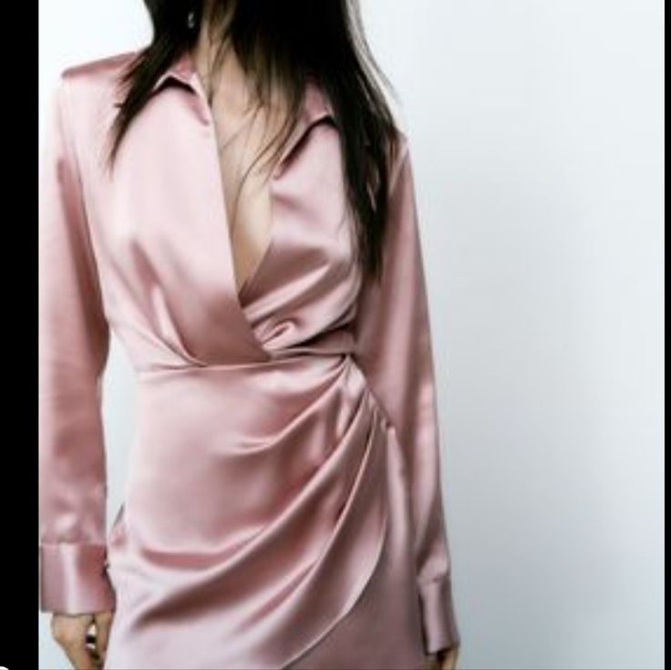 Satin Effect Dress In Light Pink Pink Long Sleeve Silk Dress, Short Satin Effect Dress Zara, Zara Short Satin Dress, Satin Dress Short, Low V Neck Dress, Short Satin Dress, Short Satin, Satin Shirt Dress, Satin Long Sleeve