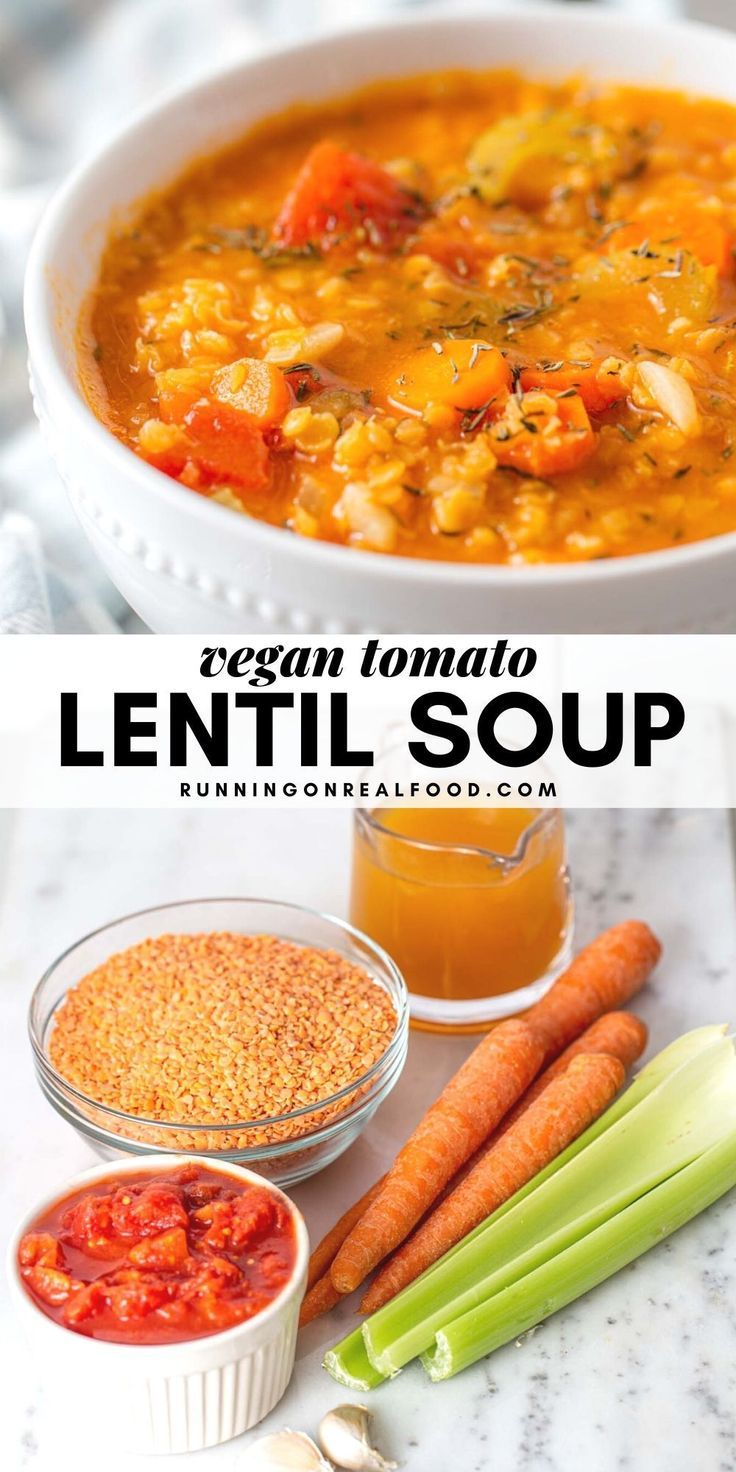 soup with carrots, celery and lentils in a white bowl on a marble countertop