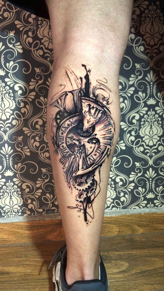 a man's leg with a tattoo on it and a clock in the middle