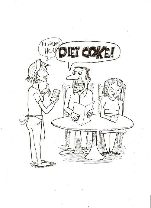 a cartoon depicting two people sitting at a table with a diet coke sign above them