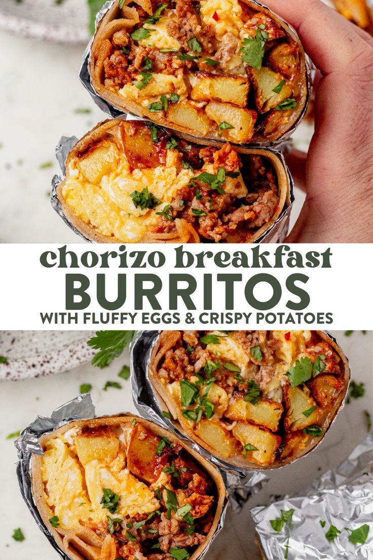 three breakfast burritos with fluffy eggs and crispy potatoes in foil wrappers