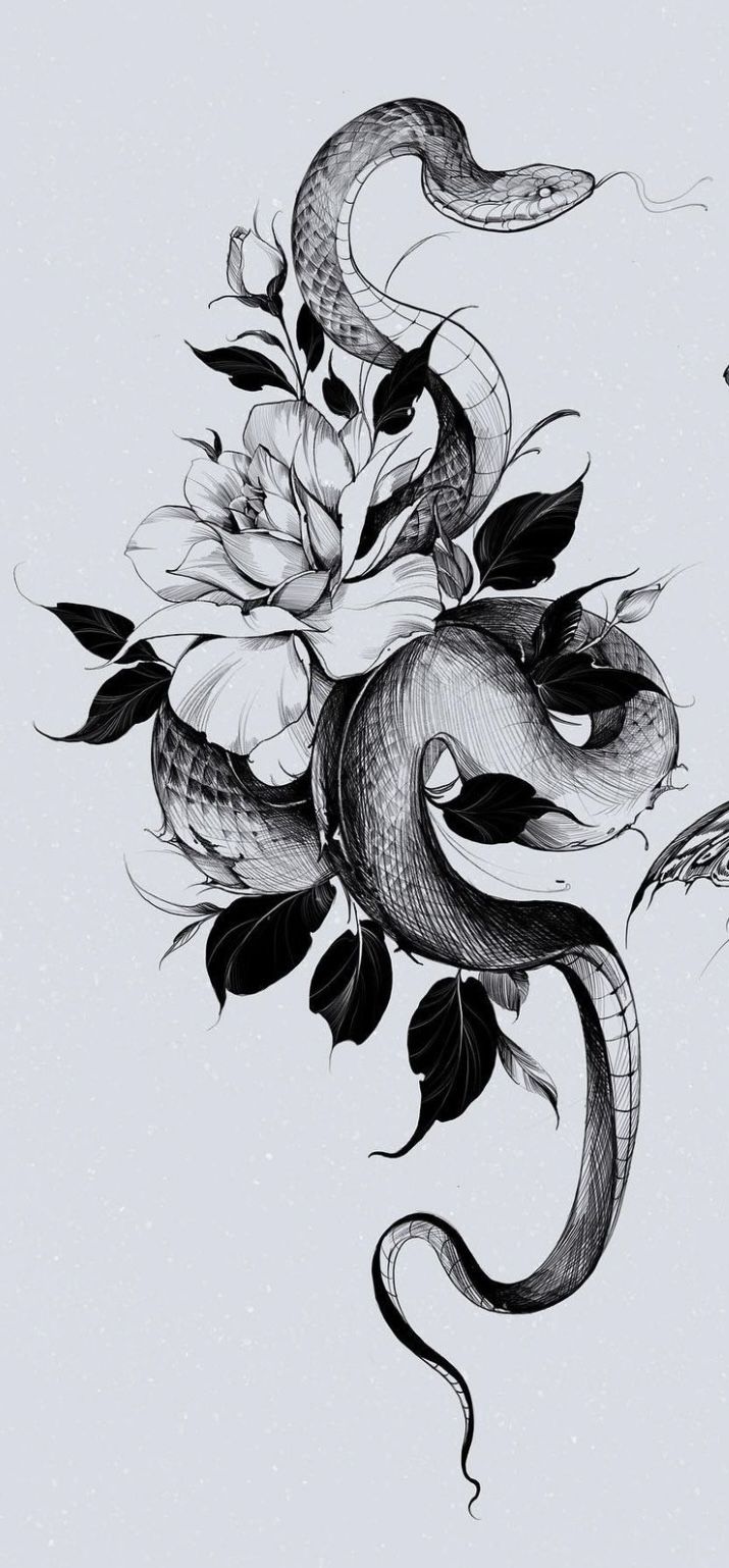 a drawing of a snake and flowers