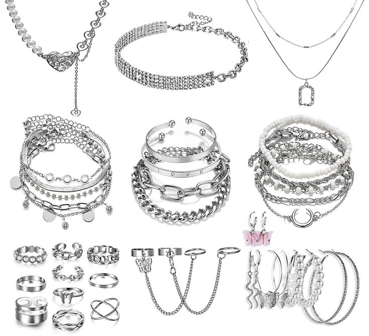 PRICES MAY VARY. 【You will receive】: 37 Pcs fashion silver jewelry (including 4 necklace ,14 bracelet,14 ring and 5 pair earring)：unique of half chain and half zirconia sparkling diamond collar chain, hanging link pearl love necklace, simple stacking squares, diamond and snake bone stacking bracelets, love bangle, white bead hand strings, cool beautiful butterfly link rings, and pink butterfly earrings, pearl big hoops and more. complete set for meeting your daily and party matching demands. 【Fi Jewelry For Teenage Girl, 4 Necklace, Gold Jewelry Set, Silver Jewelry Set, Accessories To Buy, Diy Aesthetic, Best Travel Accessories, Silver Gold Jewelry, Valentine Anniversary