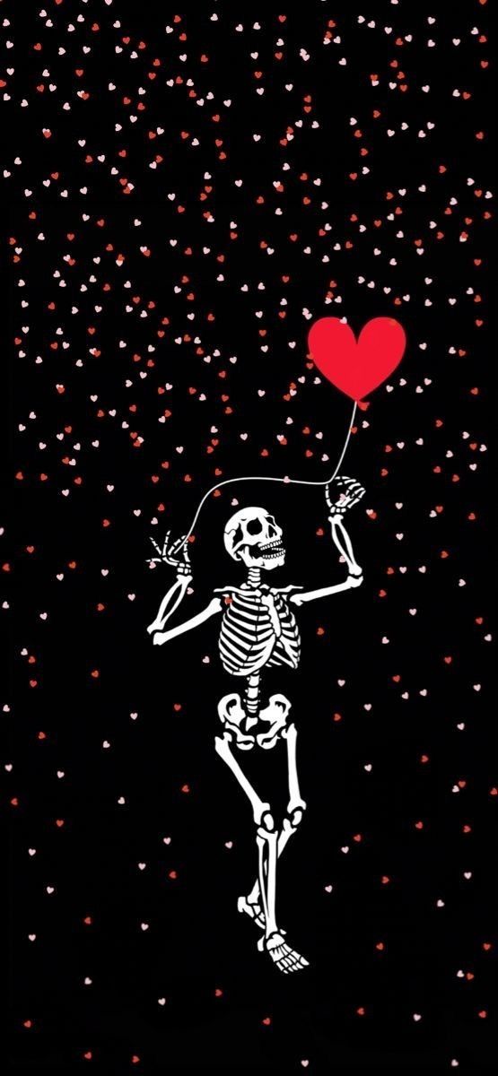 a skeleton holding a heart balloon in the dark