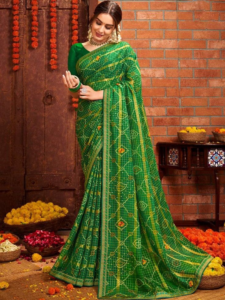 Prabha Saree - Roop Darshan Traditional Wardrobe, Bandhani Print, Indian Women Painting, Women Painting, Border Saree, Designer Blouse Patterns, Designer Blouse, Chiffon Material, Printed Sarees