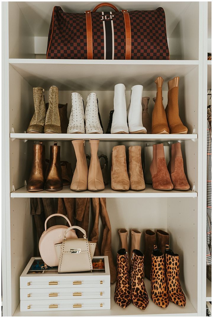 a closet filled with lots of different types of shoes and handbags next to each other