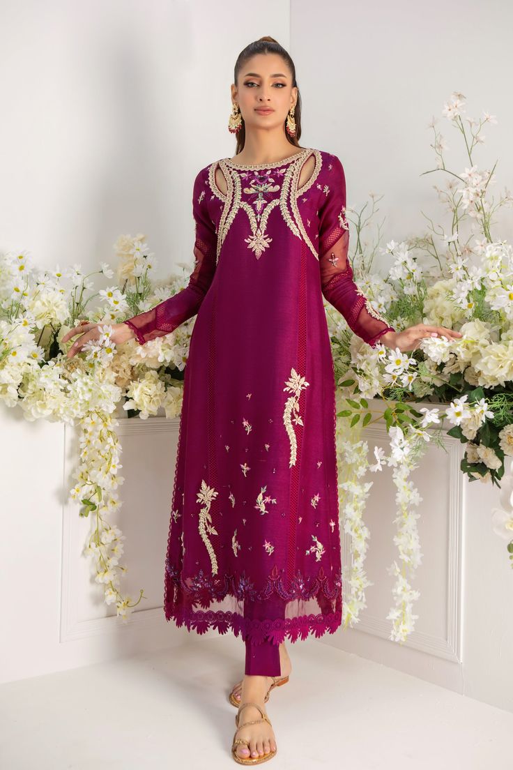 Be Stylish & trendy in this stunning ensemble, cut from pure silk net this outfit features stunning cut out neckline adorned with delicate floral embroidery in pearls, sequins & silk thread work on neckline & hem, stunning botanical motifs scattered all over shirt and sleeves for a pop of color. Straight pant & Stunning eyelet embroidered dupatta with embroidered border and lace trim completes this ensemble. Shirt Fabric: Pure Silk Net Shirt Length: 48” (customisable, mention in order notes) Pan Anarkali Suits Bollywood, Net Shirt, Simple Kurti, Botanical Motifs, Designer Outfit, Over Shirt, Embroidered Border, Embroidered Dupatta, Simple Pakistani Dresses