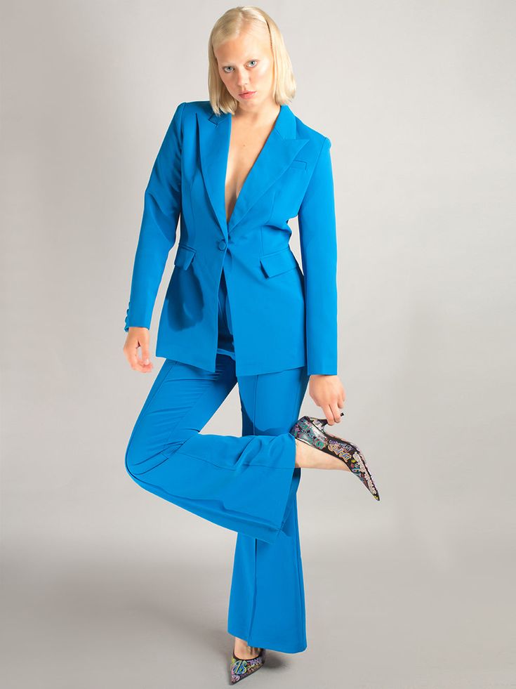 Blazer + Pants Matching Set Color: Blue Material: Polyester, Cotton Delicate dry clean Protect accessory before washing Cool iron Sample size: S Style № ZC_NYC23_NAOMA Blazer & Flared Pants Set in Blue Luxury Blue Pant Set For Women, Professional Tailored Blue Sets, Elegant Blue Designer Pant Set, Luxury Blue Long Sleeve Pant Set, Chic Blue V-neck Pantsuit, Belted Blazer, Denim Blazer, Chiffon Maxi, Chiffon Maxi Dress