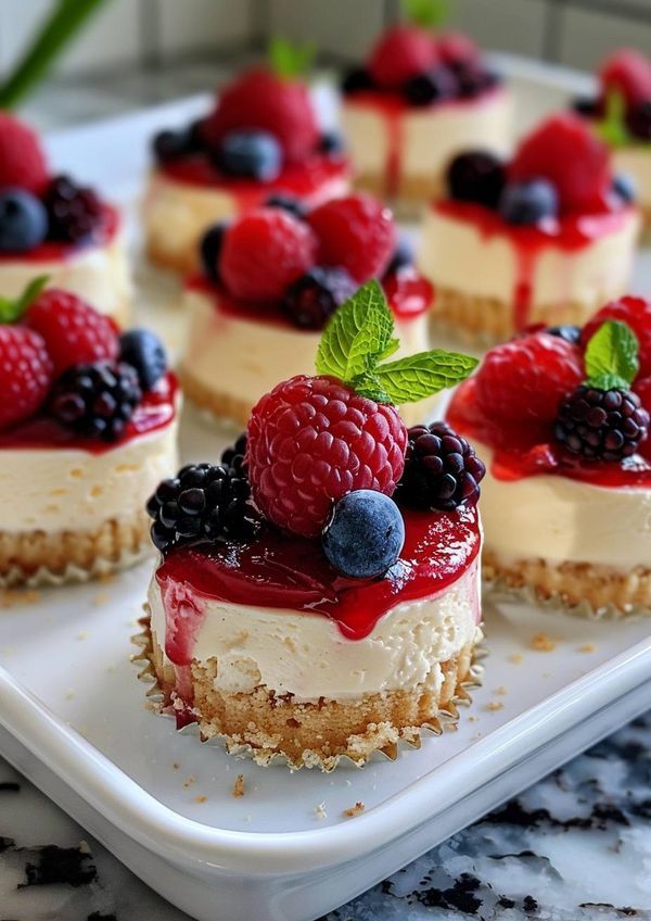 small cheesecakes topped with berries and raspberries on a white platter