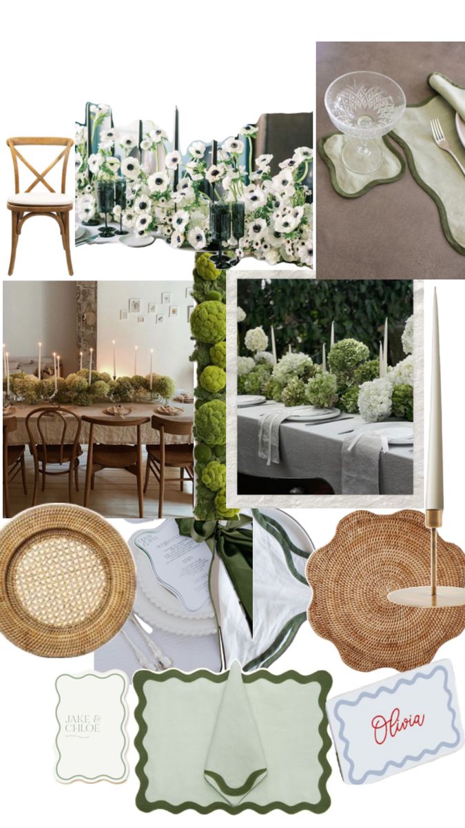 a collage of green and white items including plates, napkins, candles and flowers