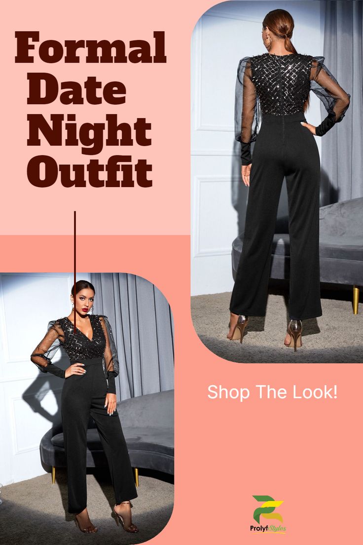 Make a statement on your next date night with this stunning black wide leg jumpsuit! This elegant and stylish jumpsuit is the perfect formal outfit for women. The flattering wide leg design is comfortable and fashionable, while the high-quality materials ensure this jumpsuit is ideal for any occasion. Whether you're looking for a formal dinner date outfit or an elegant date night look, this black jumpsuit is an ideal choice. So why wait? Add it to your wardrobe today and step out in style! Elegant Jumpsuits And Rompers For Prom, Elegant Jumpsuits And Rompers For Prom And Party Season, Glamorous Prom Jumpsuits And Rompers, Glamorous Prom Jumpsuits And Rompers For Party Season, Glamorous Jumpsuits And Rompers For Prom Party Season, Long Sleeve Jumpsuit For Cocktail Party, Long Sleeve Jumpsuits And Rompers For Cocktail Parties, Chic Fitted Jumpsuits With Sheer Sleeves, Chic Fitted Jumpsuits And Rompers With Sheer Sleeves