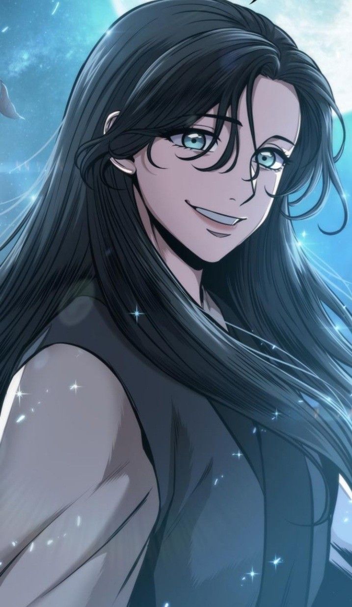 an anime character with long black hair and blue eyes is looking at the camera while she has