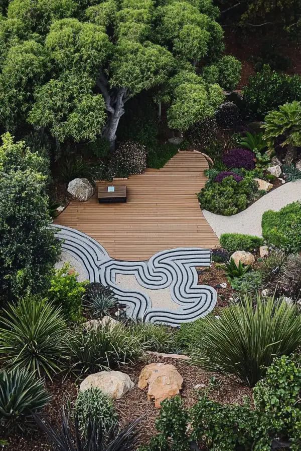 A Mediterranean-inspired garden with a wooden patio and zen-like gravel patterns surrounded by diverse Mediterranean plants and trees. Garden Ideas Mediterranean, Garden Ideas Simple, Modern Mediterranean Garden, Mediterranean Garden Ideas, Herb Garden Ideas, Zen Vibes, Wooden Patio, Garden Layout Ideas, Garden Hedges