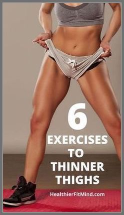 a woman is standing on a yoga mat with her hands behind her back and the words 6 exercises to thinner thighs