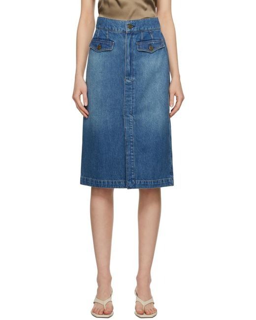 FRAME Blue 'the Vent Front' Denim Midi Skirt | Lyst Medium Wash Fitted Mid-rise Skirt, Fitted Mid-rise Medium Wash Skirt, Fitted Knee-length Denim Skirt With Pockets, Fitted Knee-length Denim Jeans, Fitted Knee-length Denim Blue Skirt, Fitted Knee-length Denim Skirt, Medium Wash Relaxed Workwear Denim Skirt, Medium Wash Relaxed Denim Skirt For Work, Medium Wash Fitted Knee-length Skirt