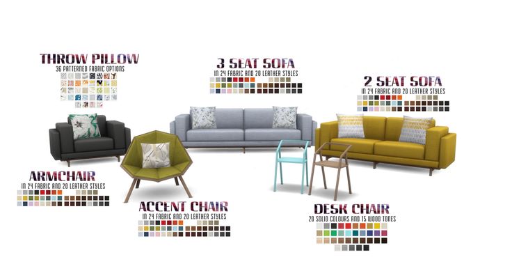 the furniture is all different colors and sizes