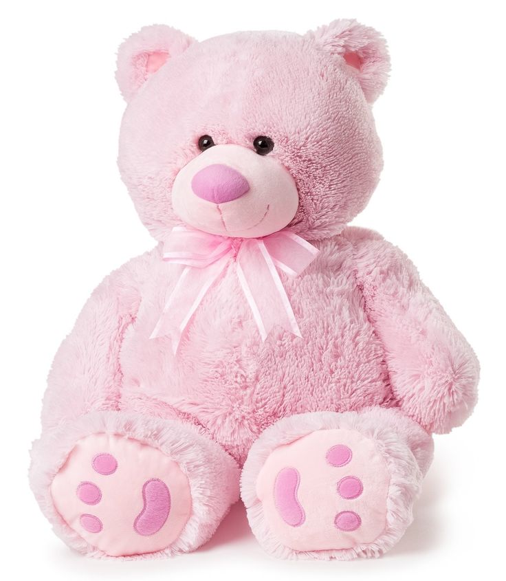 a pink teddy bear sitting up against a white background