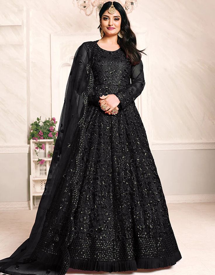 Black Net Anarkali Anarkali Net Anarkali, Net Gowns, Long Anarkali, Gown With Dupatta, Black Lehenga, Nikkah Dress, Bollywood Dress, Gown Suit, Abaya Style