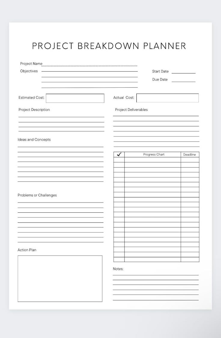 a printable project breakdown planner is displayed on a white background with the words project breakdown planner