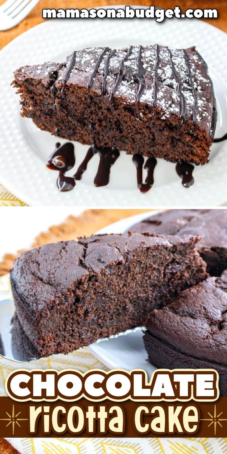 chocolate ricotta cake is cut in half and served on a plate