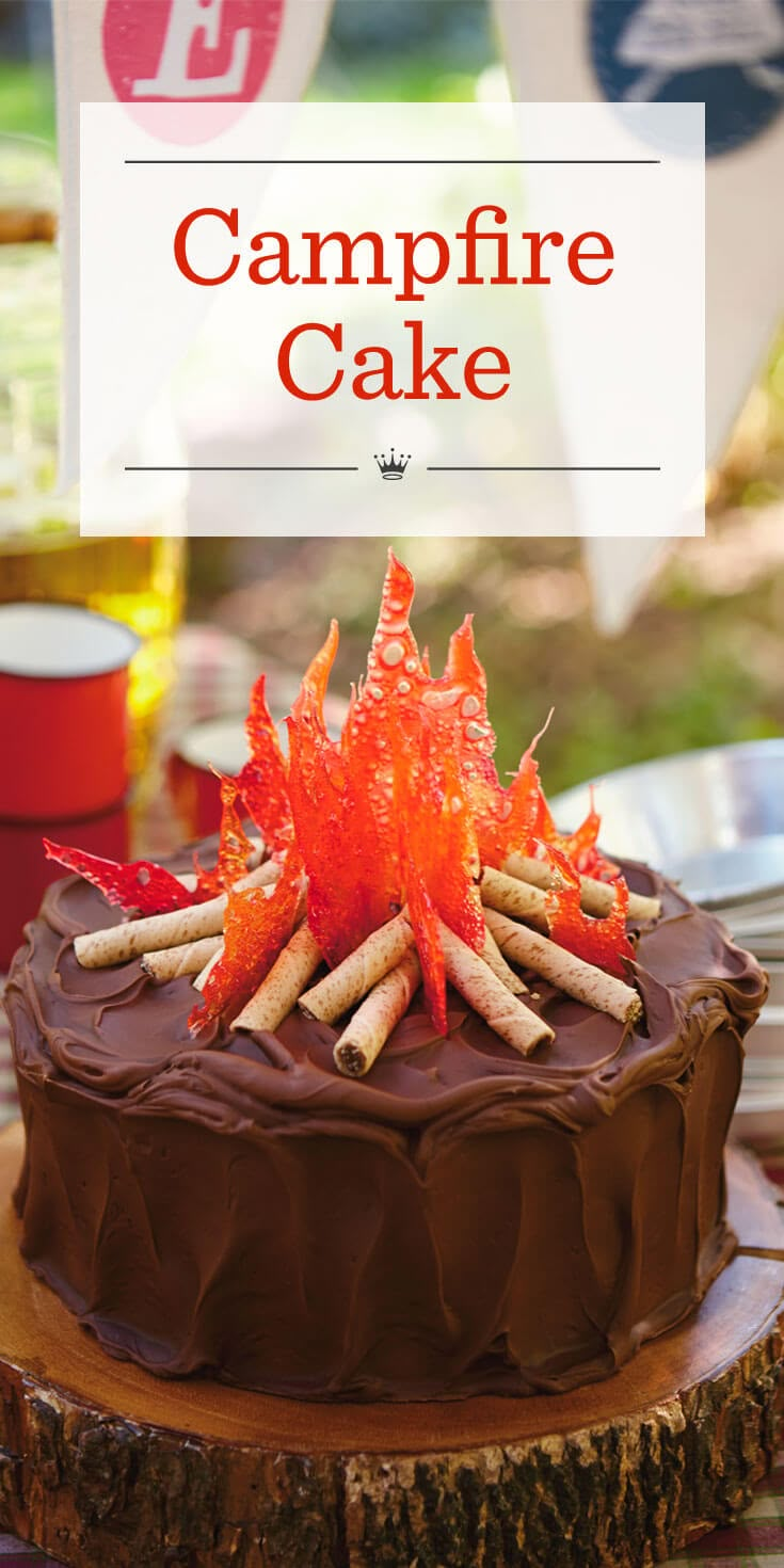 there is a chocolate cake with flames on it