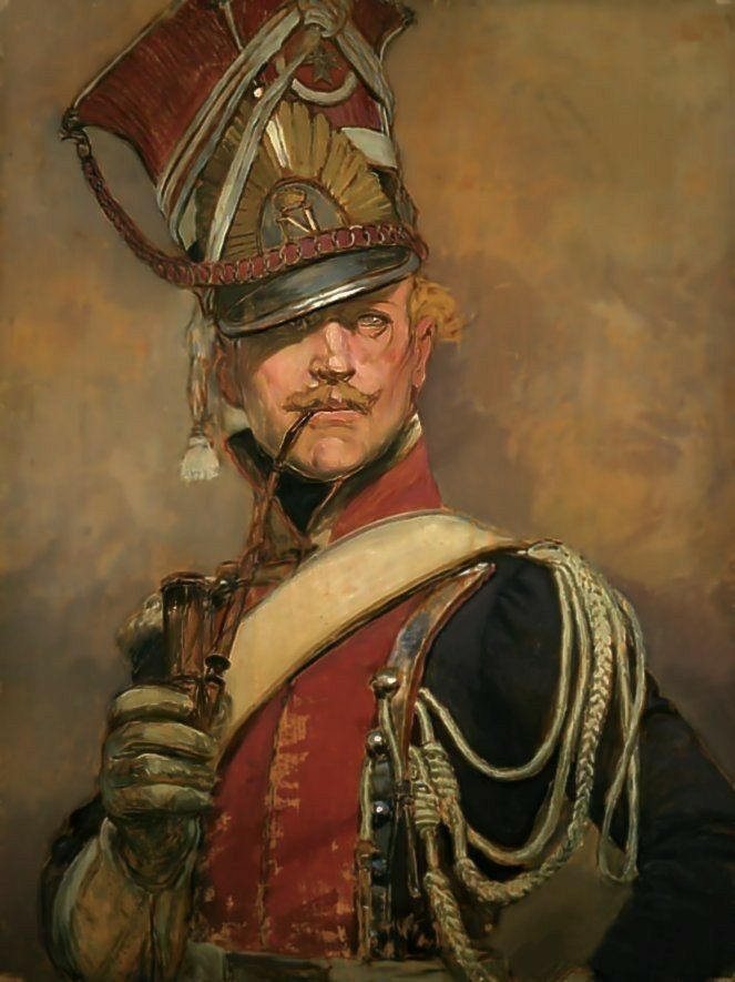 a painting of a man in uniform with a hat on his head and gloves around his neck