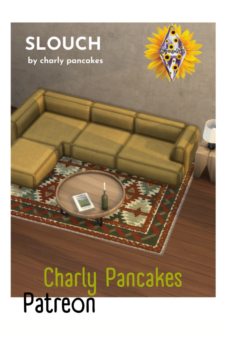 a couch and coffee table in a living room with the caption slouch by charly pancakes