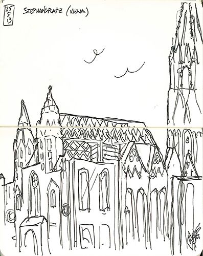 a drawing of a cathedral in the middle of a city with tall buildings on each side