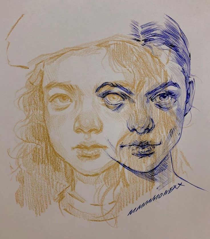 a drawing of two people, one with eyes closed and the other without their head