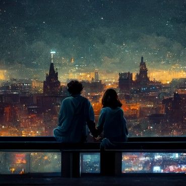 two people sitting on top of a tall building looking at the city lights in the distance