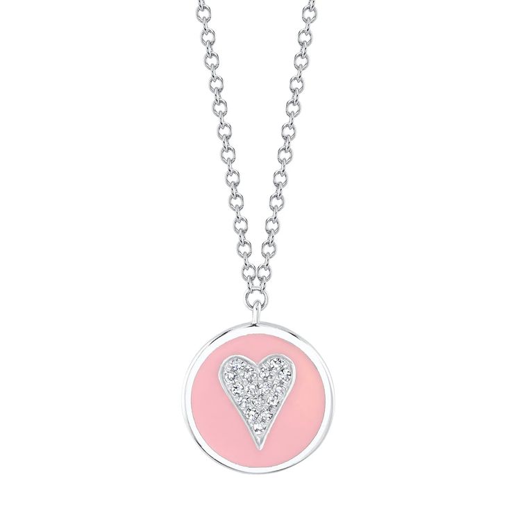 14K gold with 0.04-carat pink enamel diamond heart circle disc pendant necklace Model Number: SDL55021543EPWY Pink Diamond Necklace Gift, Pink Diamond Necklace As Gift, Pink Diamond Necklace For Gift, Pink Enamel Necklace For Valentine's Day, White Gold Round Charm Necklaces With Diamond Accents, Round White Gold Charm Necklaces With Diamond Accents, Enamel Jewelry With Diamond Accents, Elegant Enamel Heart Cut Jewelry, Fine Jewelry Enamel With Diamond Accents