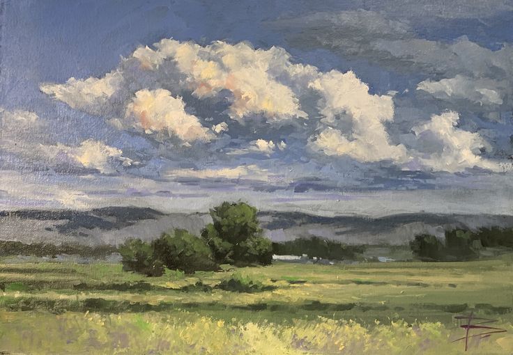 an oil painting of clouds over a green field