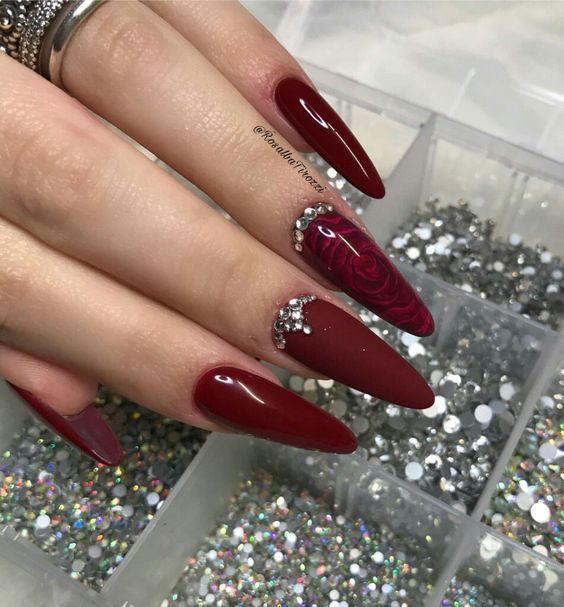 Nails Dark Red, Burgundy Acrylic, Maroon Nail Designs, Bedazzled Nails, Maroon Nail, Burgundy Acrylic Nails, Deep Red Nails, Holiday Nails Winter, Nails Dark