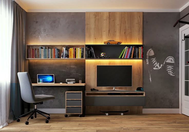 a room with a desk, bookshelf and computer on the wall in it