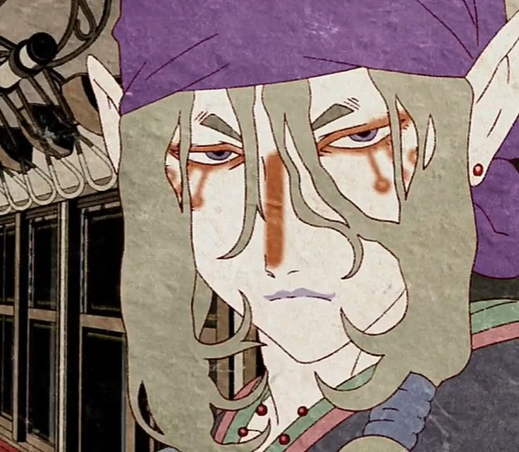 an anime character with long hair wearing a purple turban and looking at the camera