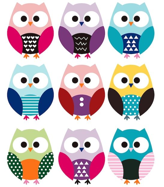 six colorful owls sitting on top of each other