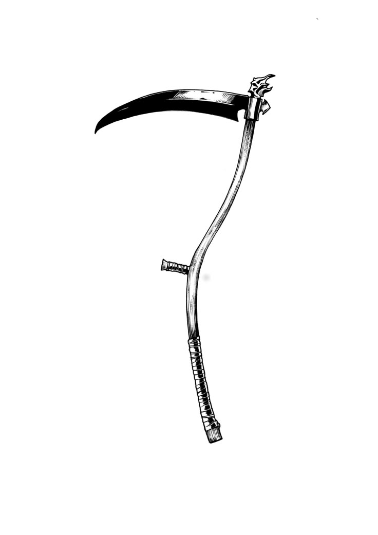 a black and white drawing of a long handled scab or blade with an arrow on it