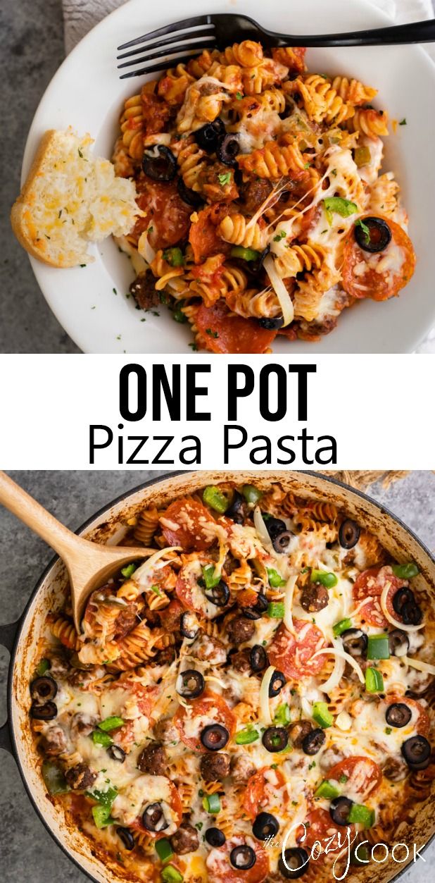 one pot pizza pasta with olives and cheese