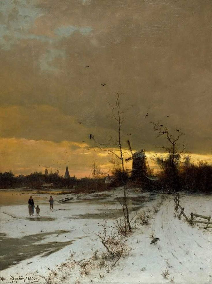 a painting of people walking in the snow