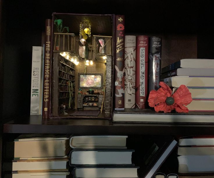 there are many books on the shelf and one has a red flower in its center