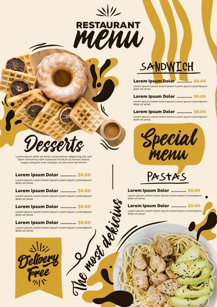 a restaurant menu with food and drinks on it