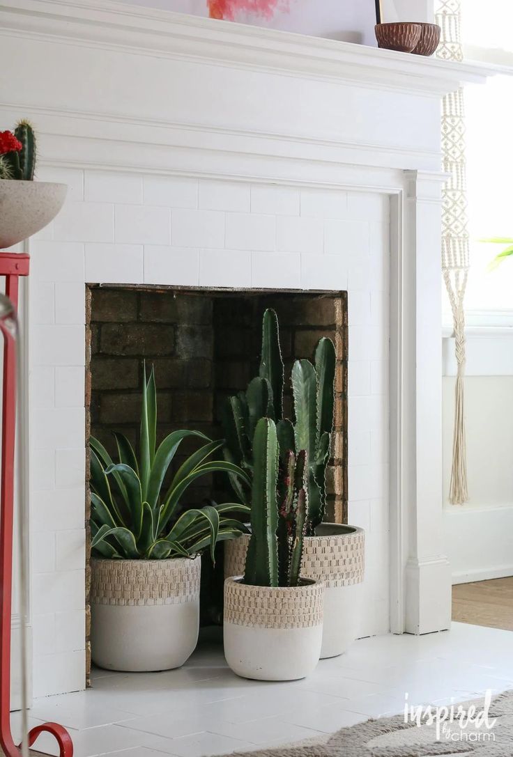 two potted plants sitting on top of a white mantle in front of a fire place