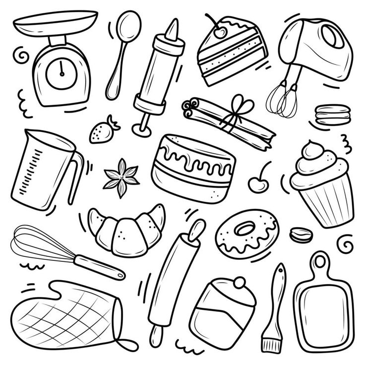 a black and white drawing of kitchen utensils, including cake, ice cream, butter, spoons, measuring tape, spatula