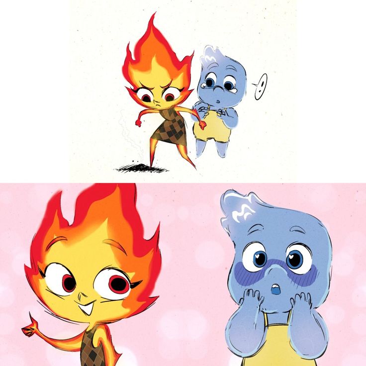 three cartoon characters with different expressions on their faces, one in fire and the other in ice cream