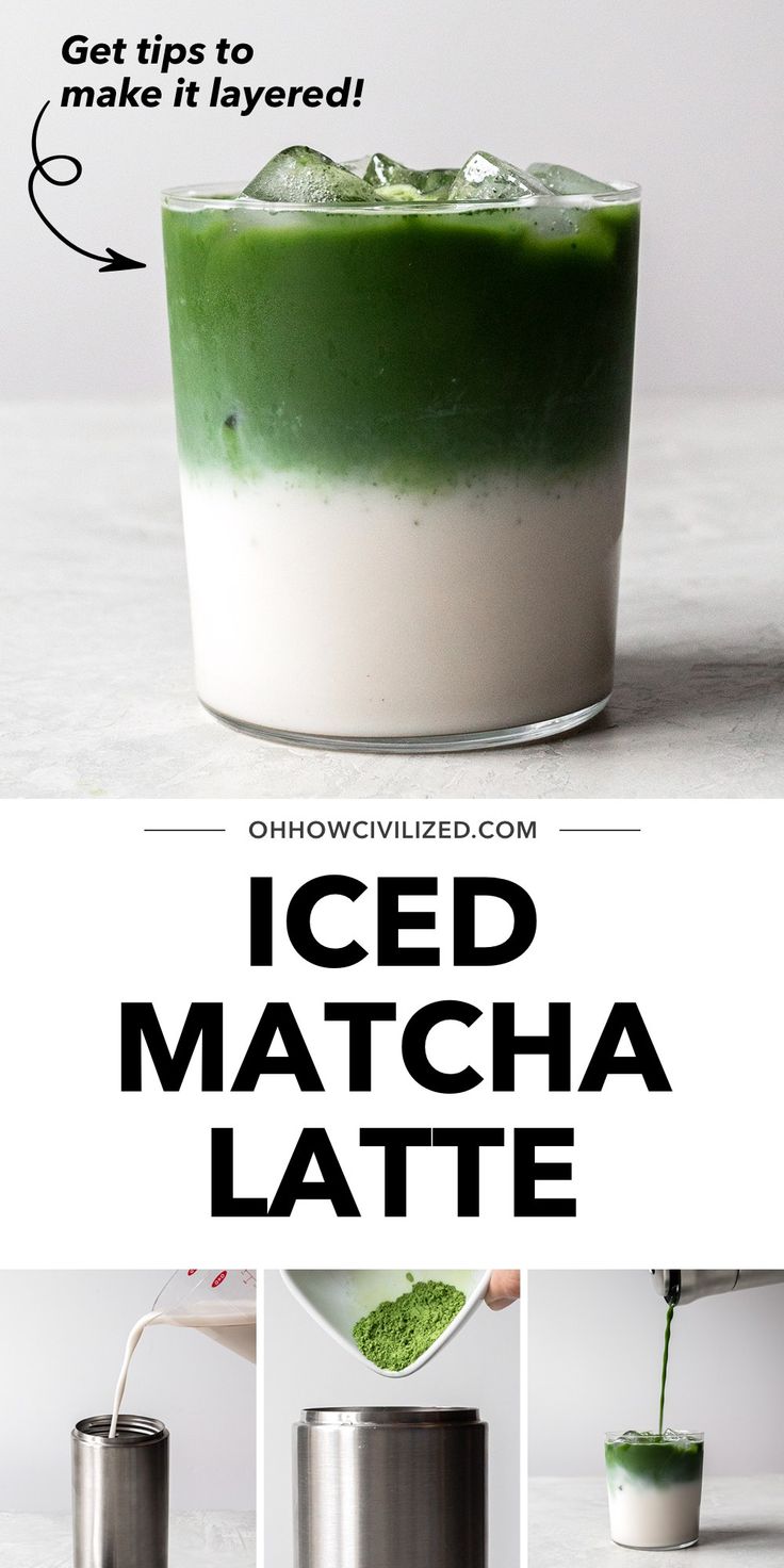 an iced matcha latte is being poured into a cup