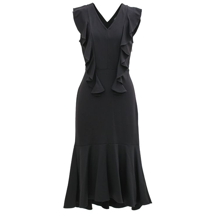 A comfortable and feminine dress, raised with ruffles along the bust and back. Near the body line with V neckline and flared skirt volume of a wide ruffle. To wear during the day and in the evening for a glamorous and delicate look. Main fabric: 62% Viscose, 33% Nylon, 5% Elastane Machine wash gentle cycle (30 degrees max) Versatile Outfits, Feminine Dress, Flared Skirt, Independent Designers Fashion, Black Media, Jersey Dress, Flare Skirt, Fashion Sense, Coat Dress