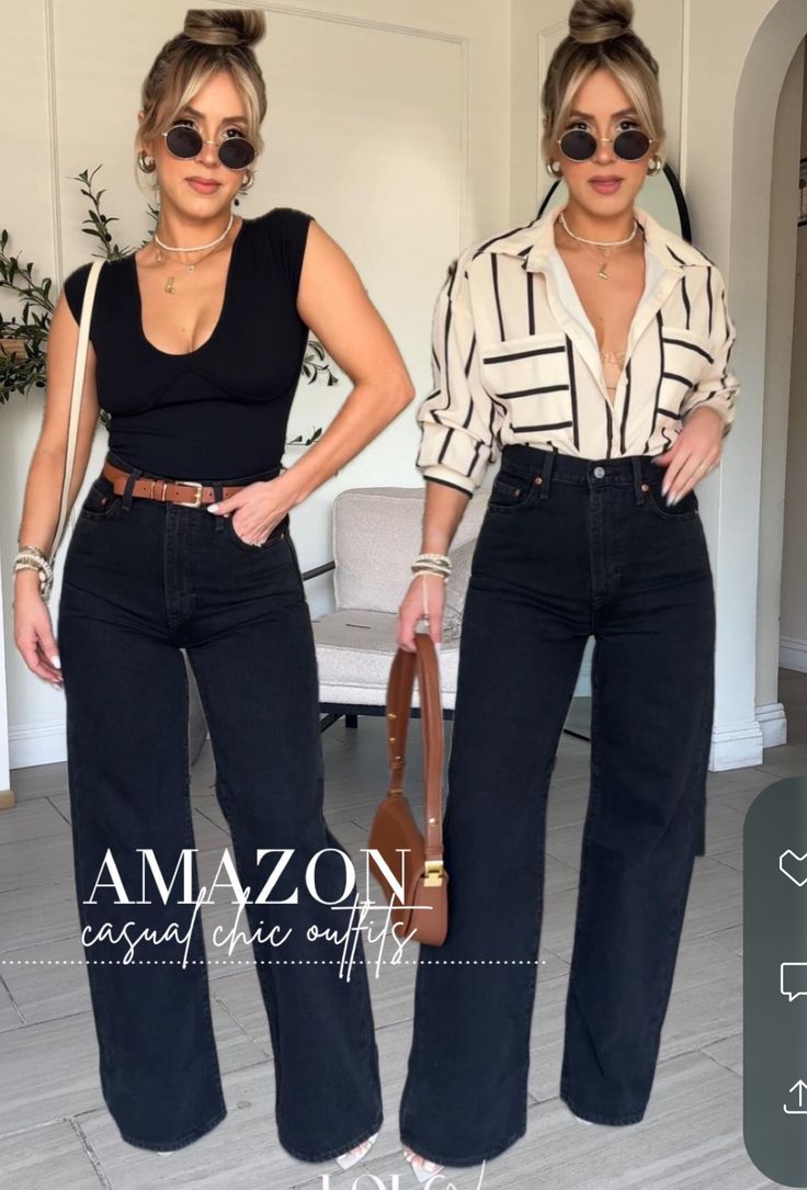 High Rise Cropped Jeans Outfit, Black Hairdresser Outfits, Black Wide Leg Dress Pants Outfit, Wide Leg Jean Fall Outfit, Edgy Sophisticated Style, Artsy Office Outfit, Black Denim Jumpsuit Outfit, Casual Vegas Outfits, Hairstylist Outfits For Work