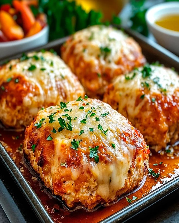 three meatballs covered in sauce and parmesan cheese on a baking pan with vegetables