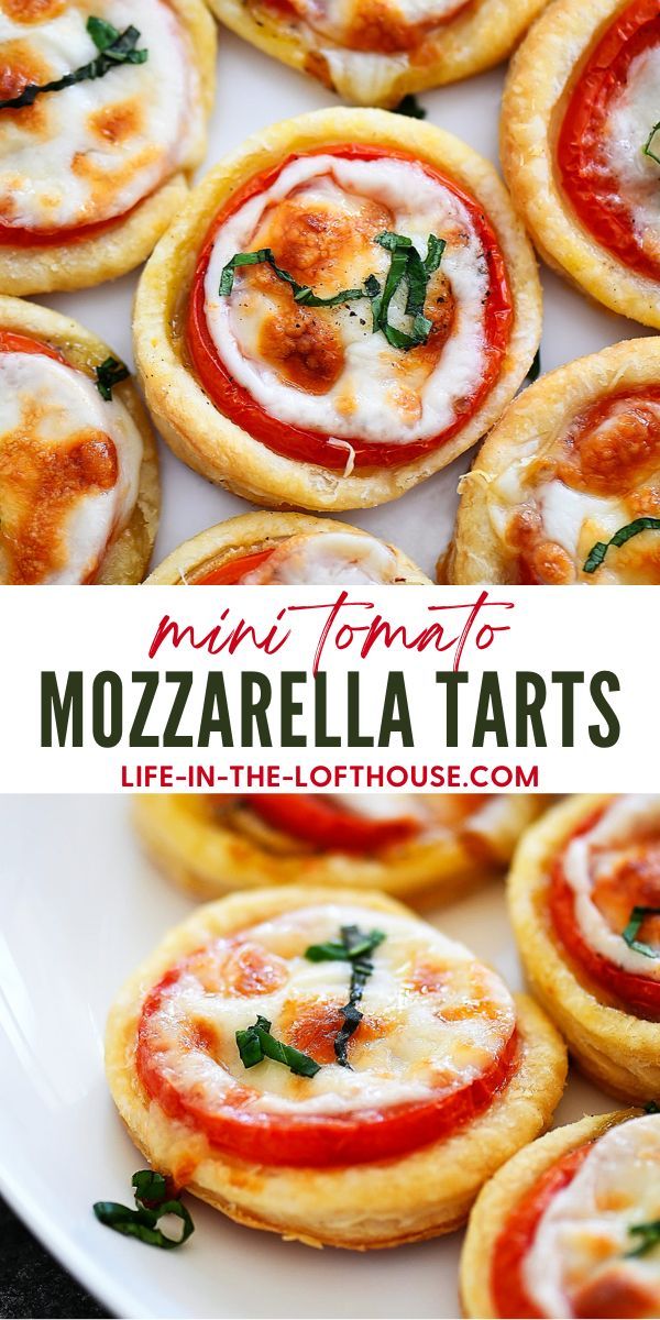 mini tomato mozzarella tarts on a white plate with the title text overlay