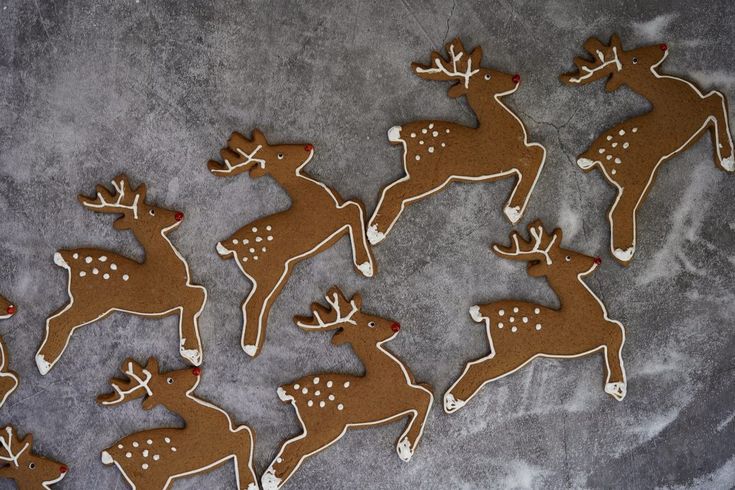 several reindeer cookies are arranged on a table